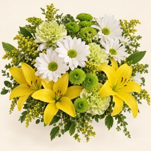 Bouquet rond de fleurs jaunes et blanches avec feuillage vert