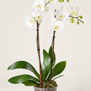 Orchidée phalaenopsis blanche à deux tiges en pot