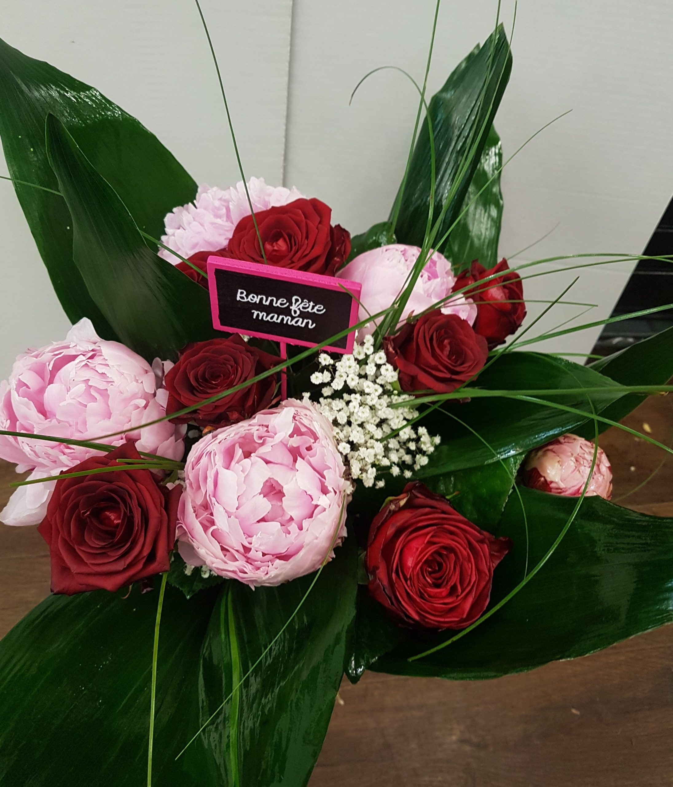 Bouquet pivoine rose rouge feuillage - Floréal